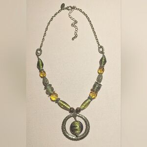 Lia Sophia Necklace Pendant Green Amber Glass Beads Goldtone 16 - 19"